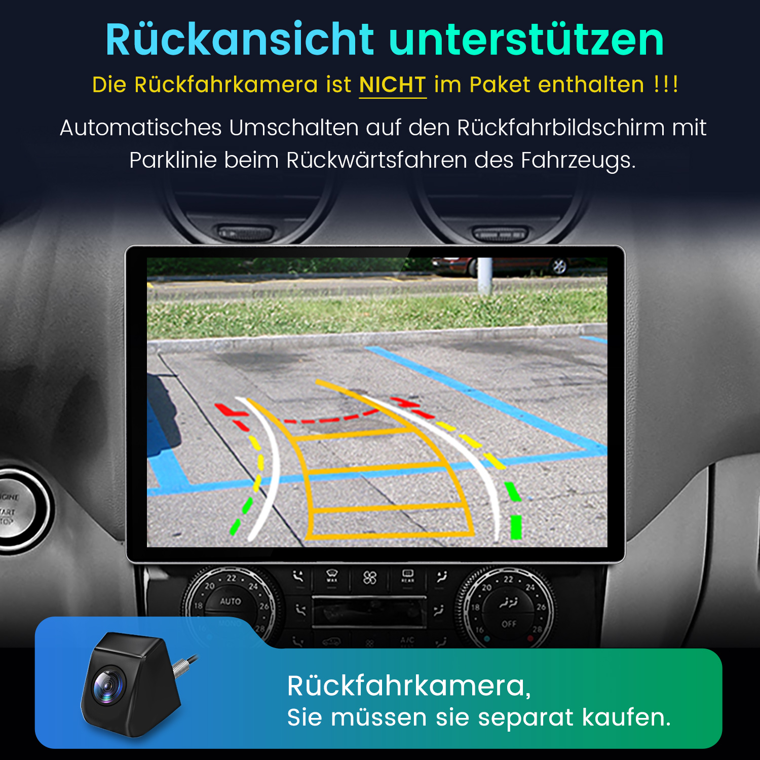 Auto-Armaturenbrett-Bildschirm, der eine Einparkhilfe-Ansicht mit einer Rückfahrkamera anzeigt.