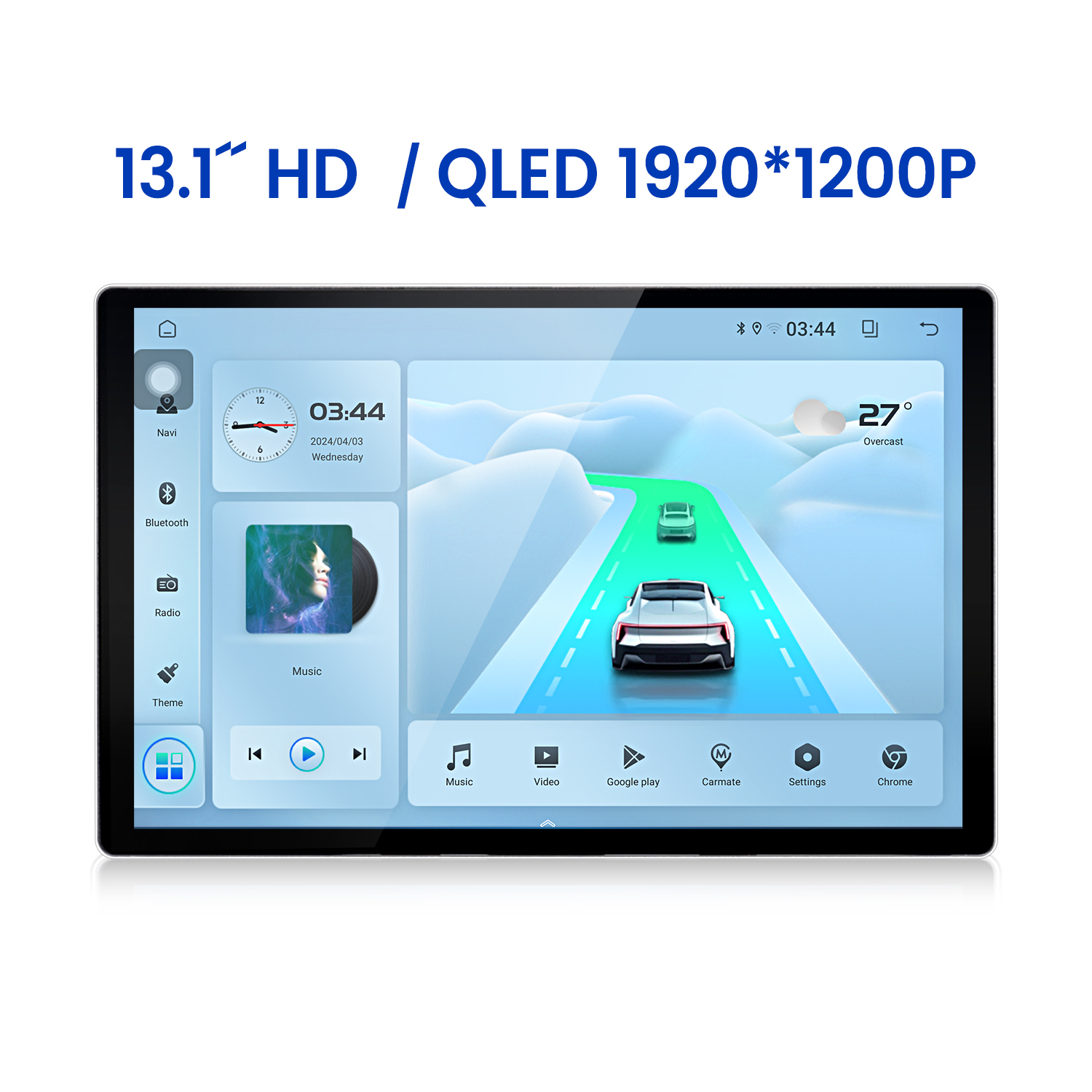 Auto-Infotainment-Bildschirm. Zeigt Straße, Autos, Uhrzeit und Wetter. Hat App-Symbole.