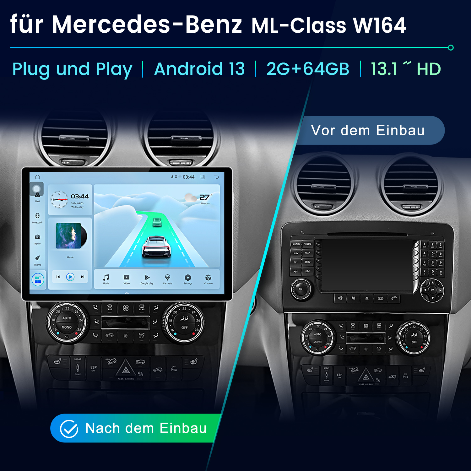 Armaturenbrett eines Autos mit Bildschirm, der Navigation zeigt, mit Text auf Deutsch zur Installation.