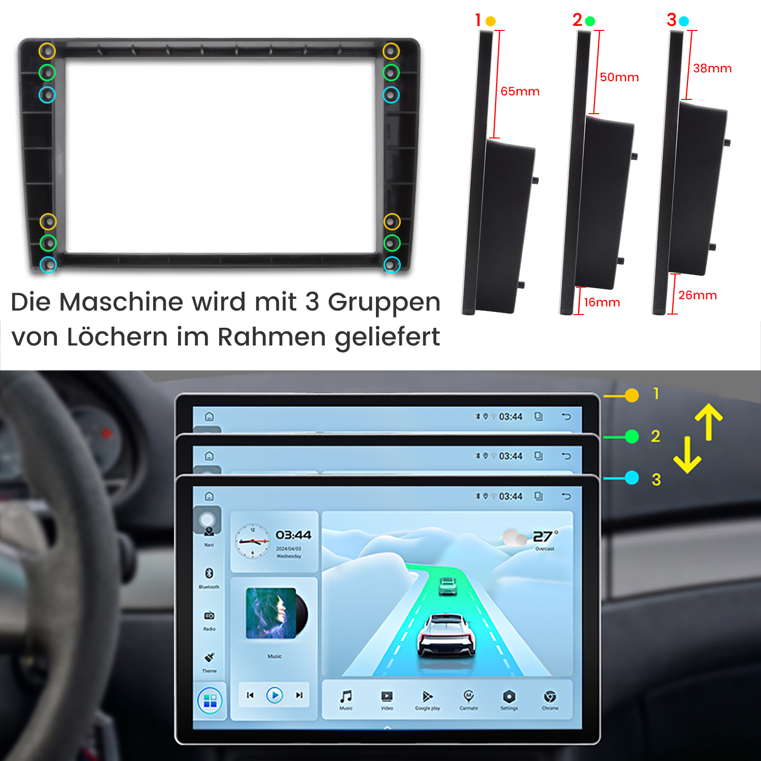 Auto-Multimedia-Display mit drei Größenoptionen. Das Display zeigt ein Armaturenbrett mit einer Navigationskarte.