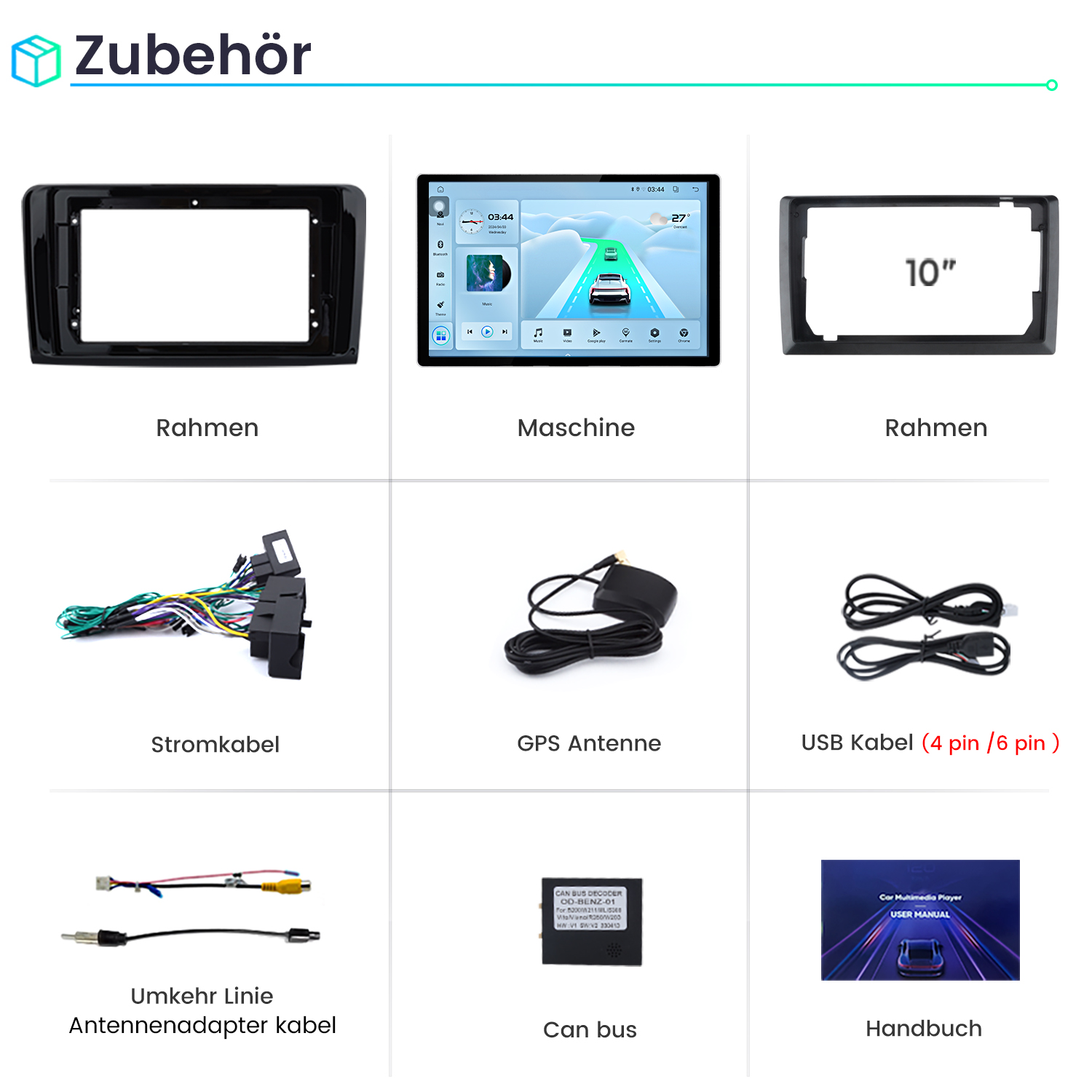 Neun Car-Multimedia-Zubehörteile, darunter Rahmen, Kabel und Antennen, werden angezeigt.
