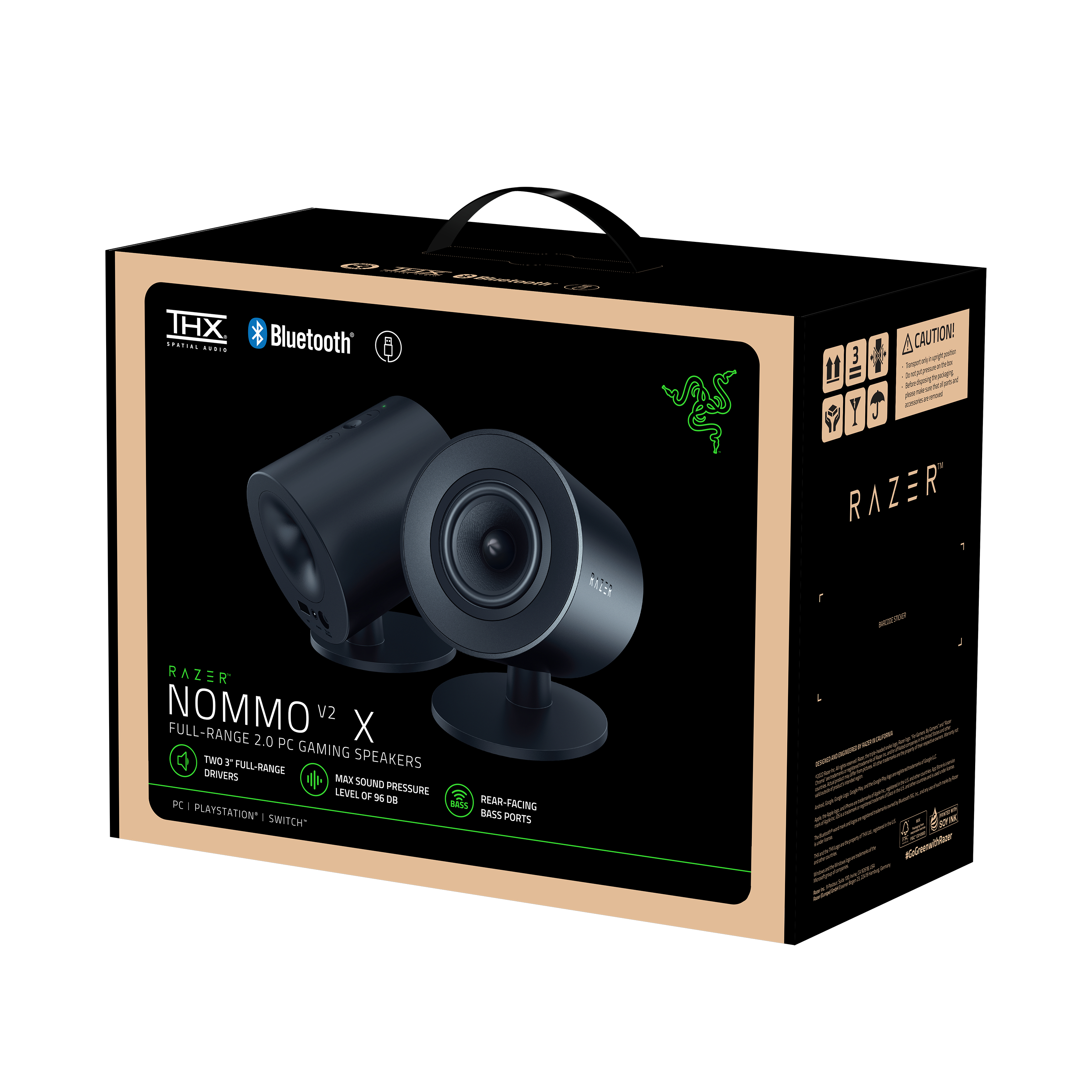 Razer Nommo V2 X full-range 2.0 PC gaming speakers in a box.