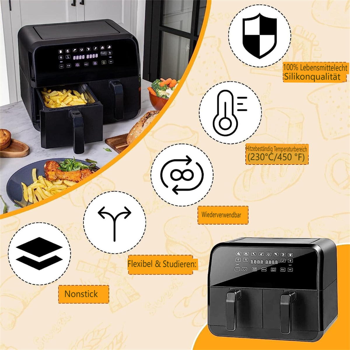 Eine schwarze Heißluftfritteuse mit Pommes und einigen informativen Symbolen.