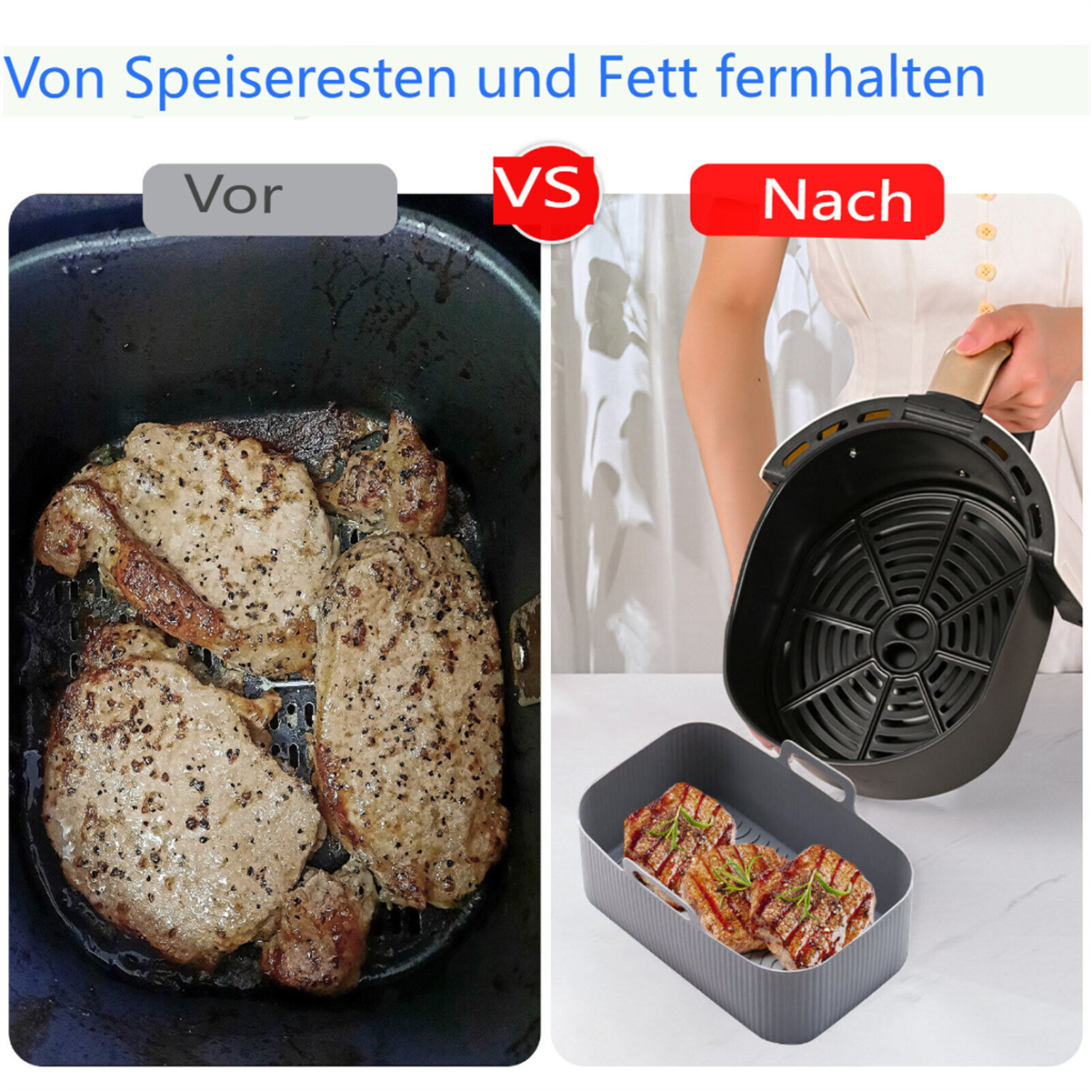 Vergleich von gekochtem Fleisch vor und nach der Verwendung eines Behälters. Text 'Von Speiseresten und Fett fernhalten' sichtbar.