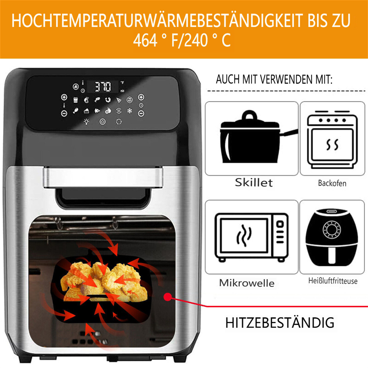 Eine schwarz-silberne Heißluftfritteuse mit Speisen, mit Informationen auf Deutsch.