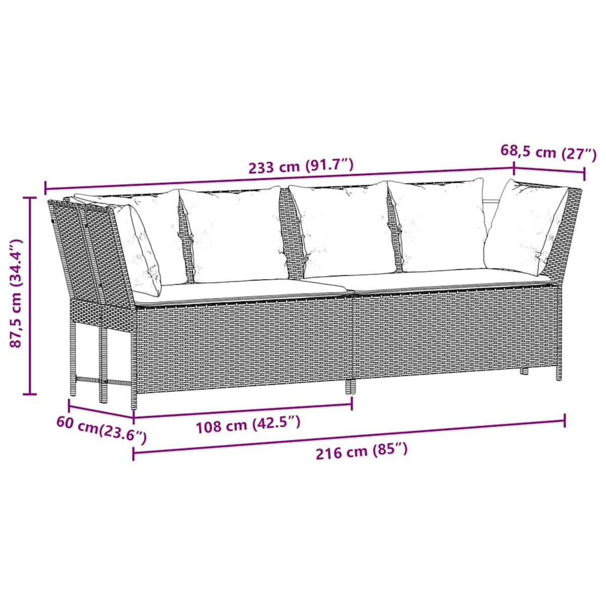 Un divano da giardino con dimensioni indicate in cm e pollici. Il divano è in rattan.
