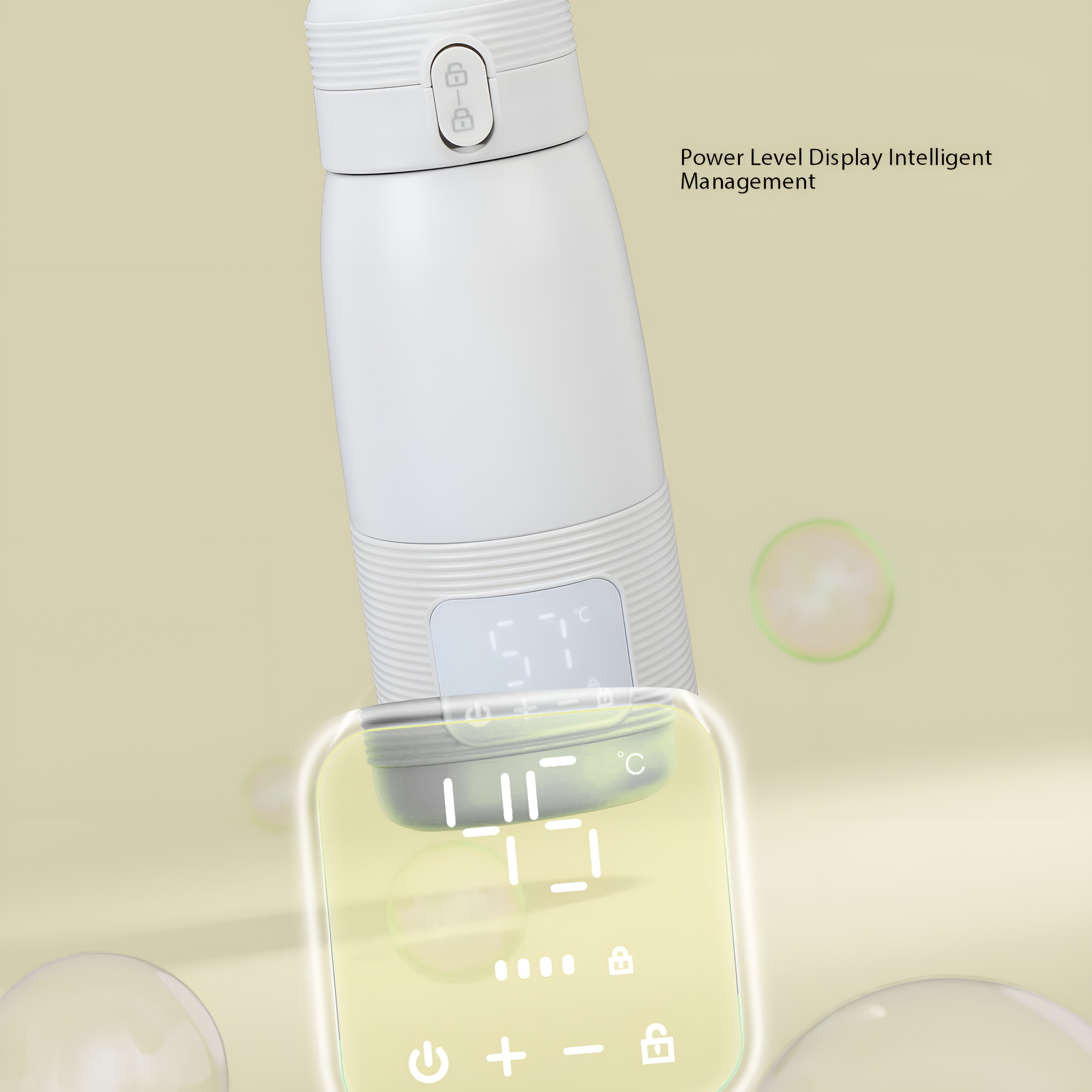 Weiße Flasche mit Digitalanzeige, Temperatur- und Schloss-Symbolen.