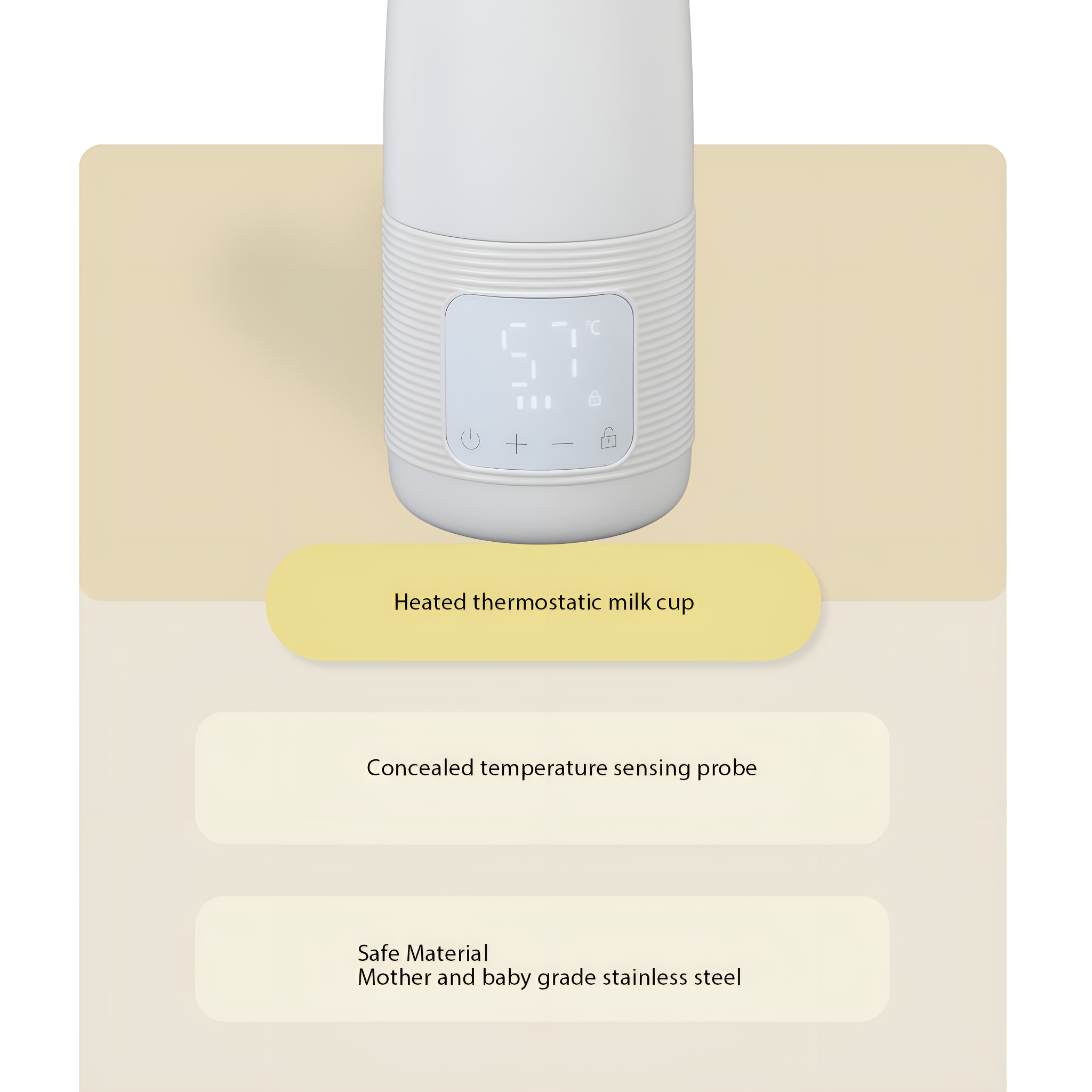 Beheizter thermostatischer Milchbecher mit Temperaturanzeige und Beschreibungsetiketten auf gelbem Grund.