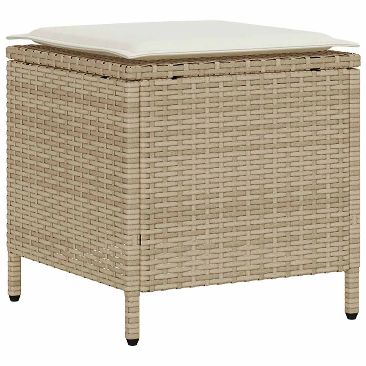 Pouff contenitore esterno beige a forma di cubo tessuto con un cuscino crema sopra. Quattro gambe visibili.