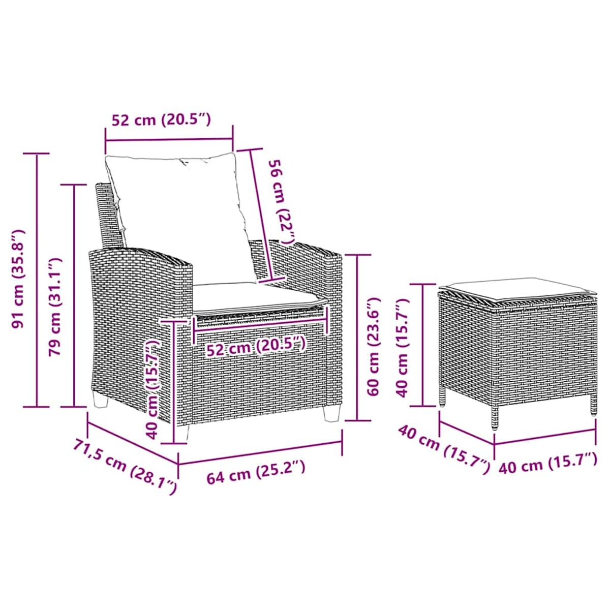 Set di sedia e sgabello in vimini con dimensioni in un diagramma.