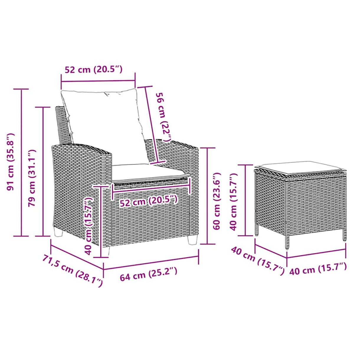 Set di mobili da esterno, include una sedia e un pouf. Le dimensioni sono etichettate.