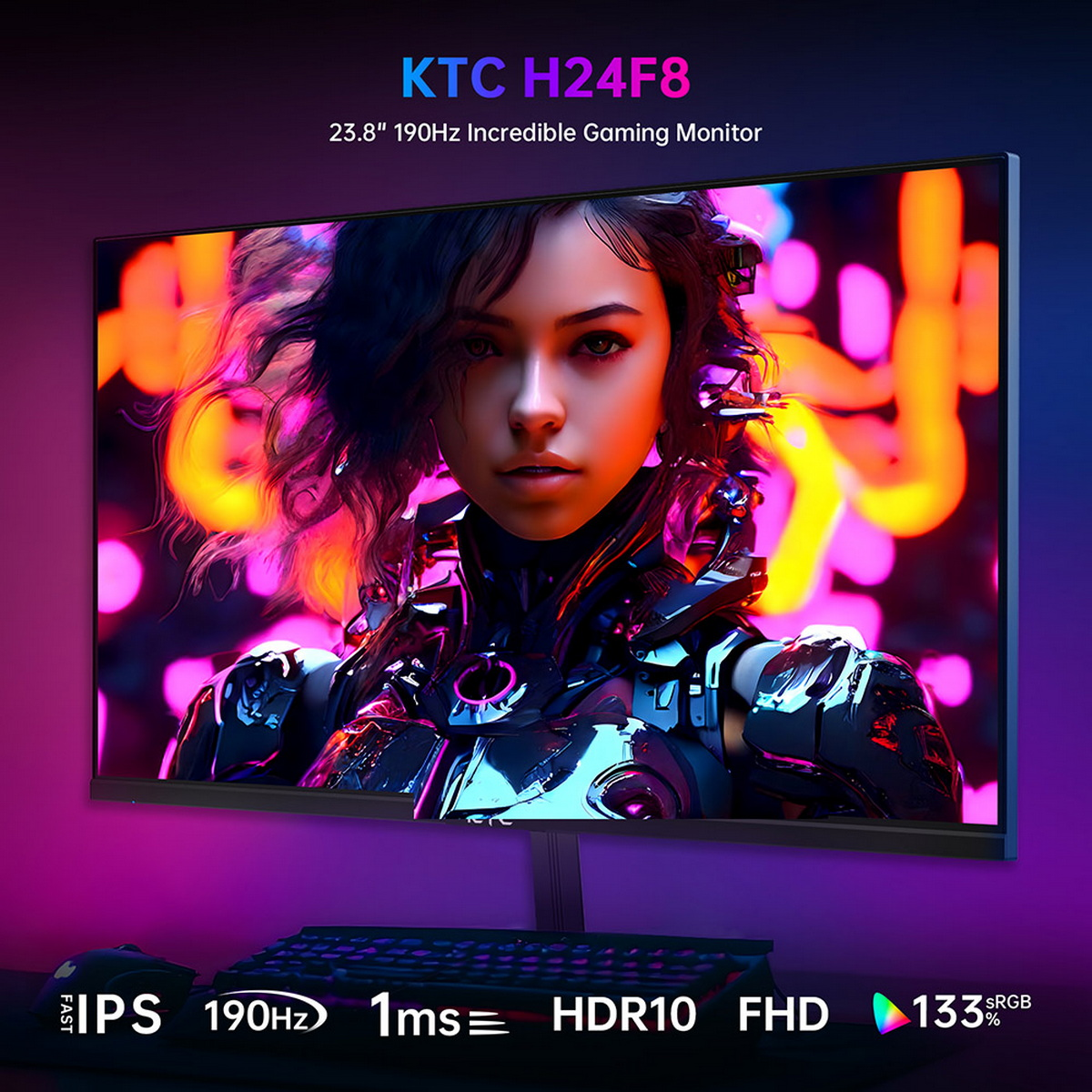 Ein Gaming-Monitor zeigt das Gesicht einer Frau. Schwarz mit farbenfroher Hintergrundbeleuchtung.