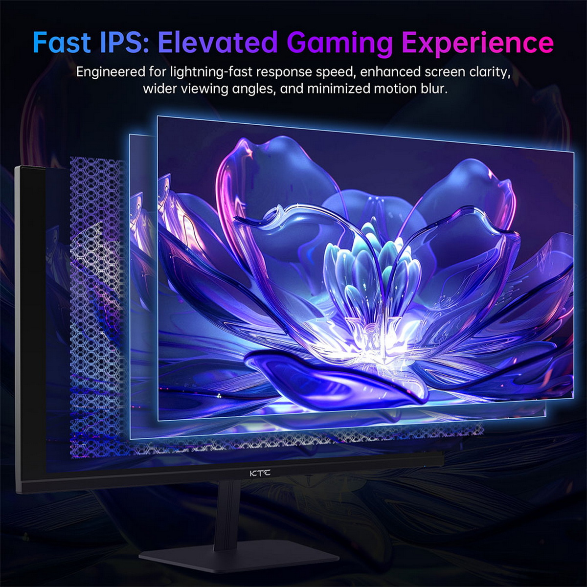 Ein schwarzer Monitor zeigt ein Blumendesign. Text oben: 'Fast IPS: Elevated Gaming Experience'.