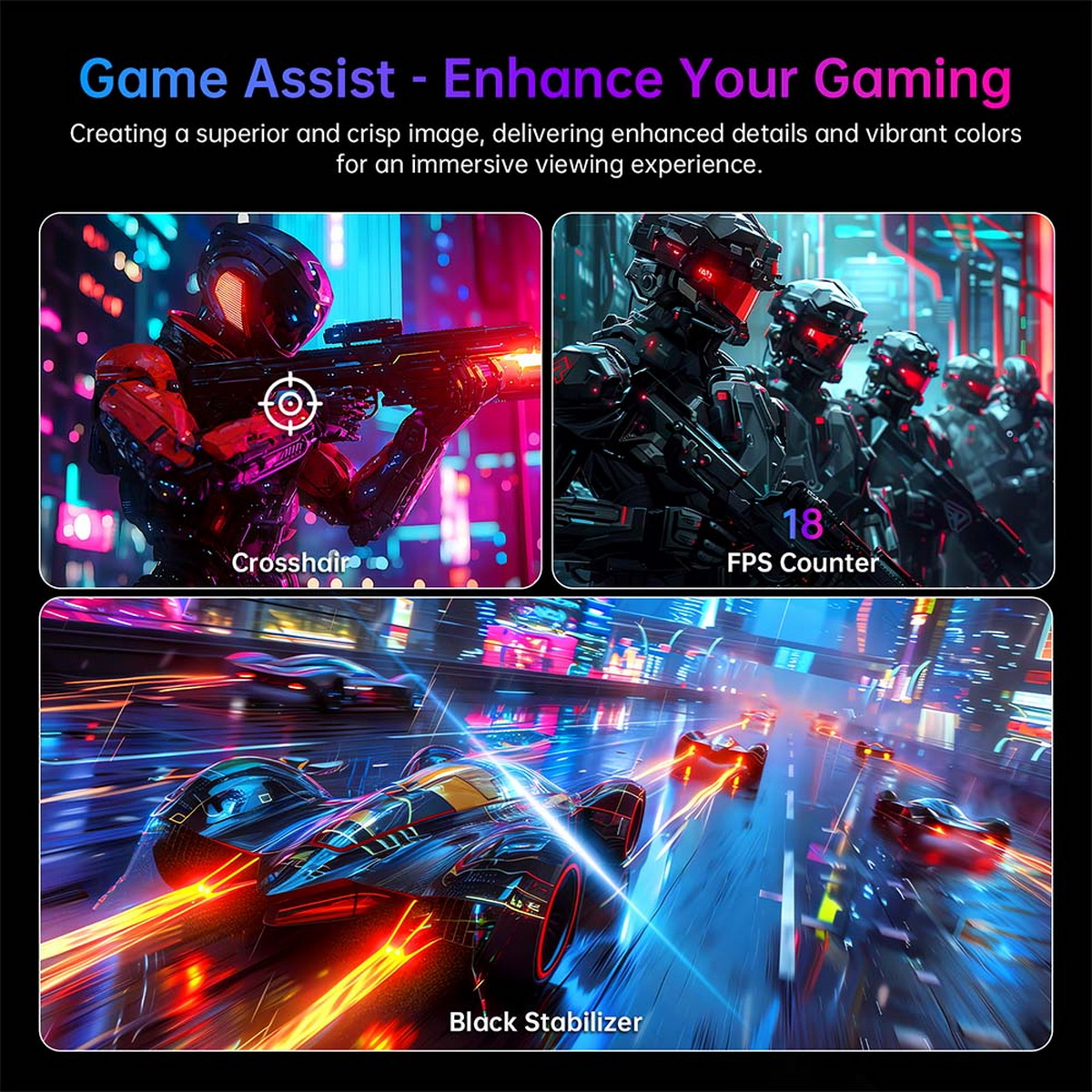 Monitor do gier pokazujący celownik, licznik FPS i scenę wyścigu samochodowego.