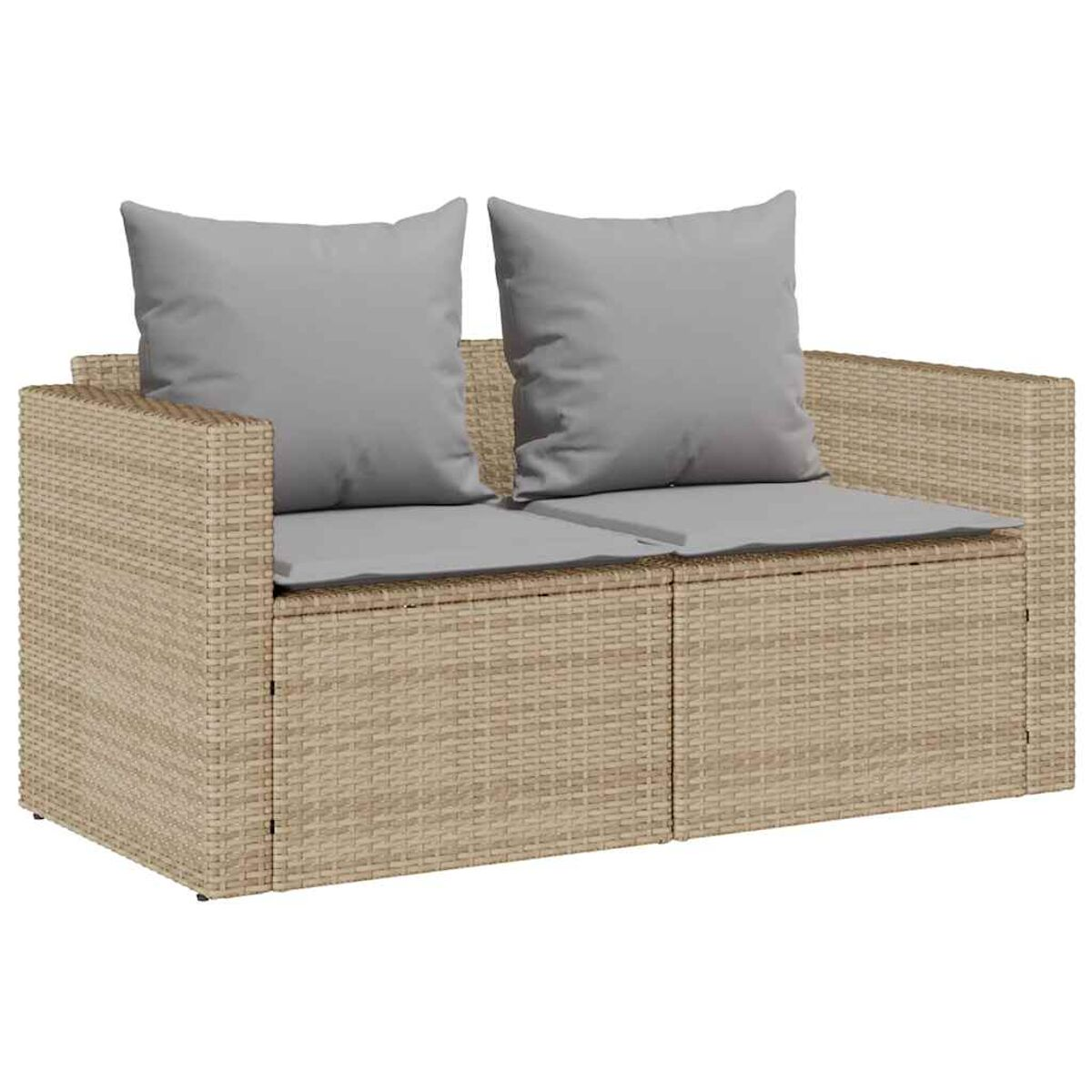 Divano in rattan beige con due cuscini grigi. Il divano ha un design semplice ed è pronto all'uso.