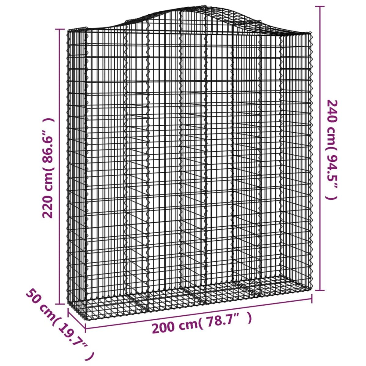 Gabionenkorb mit Abmessungen, in Zentimetern angegeben. Der Korb besteht aus Drahtgeflecht.