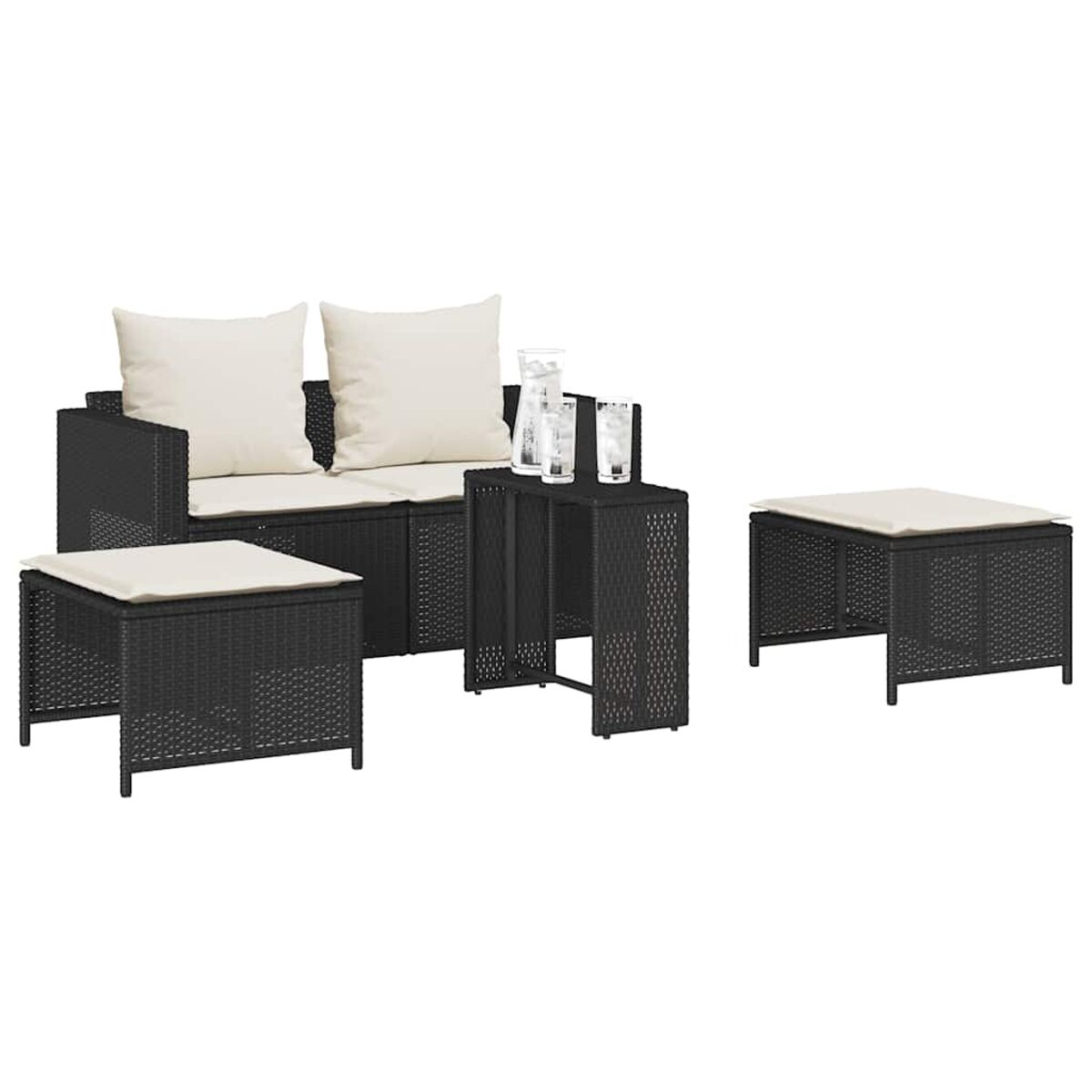Set di mobili da esterno in rattan nero con cuscini e tavolo.