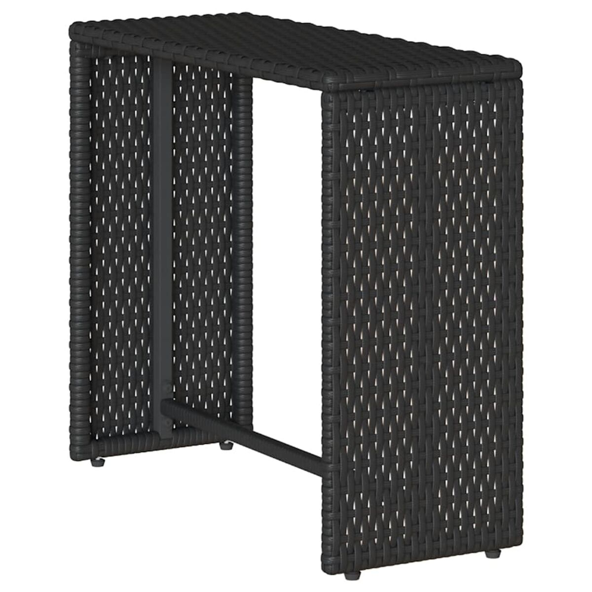 Tavolino laterale da esterno nero stile vimini. Rettangolare, con trave di supporto inferiore.