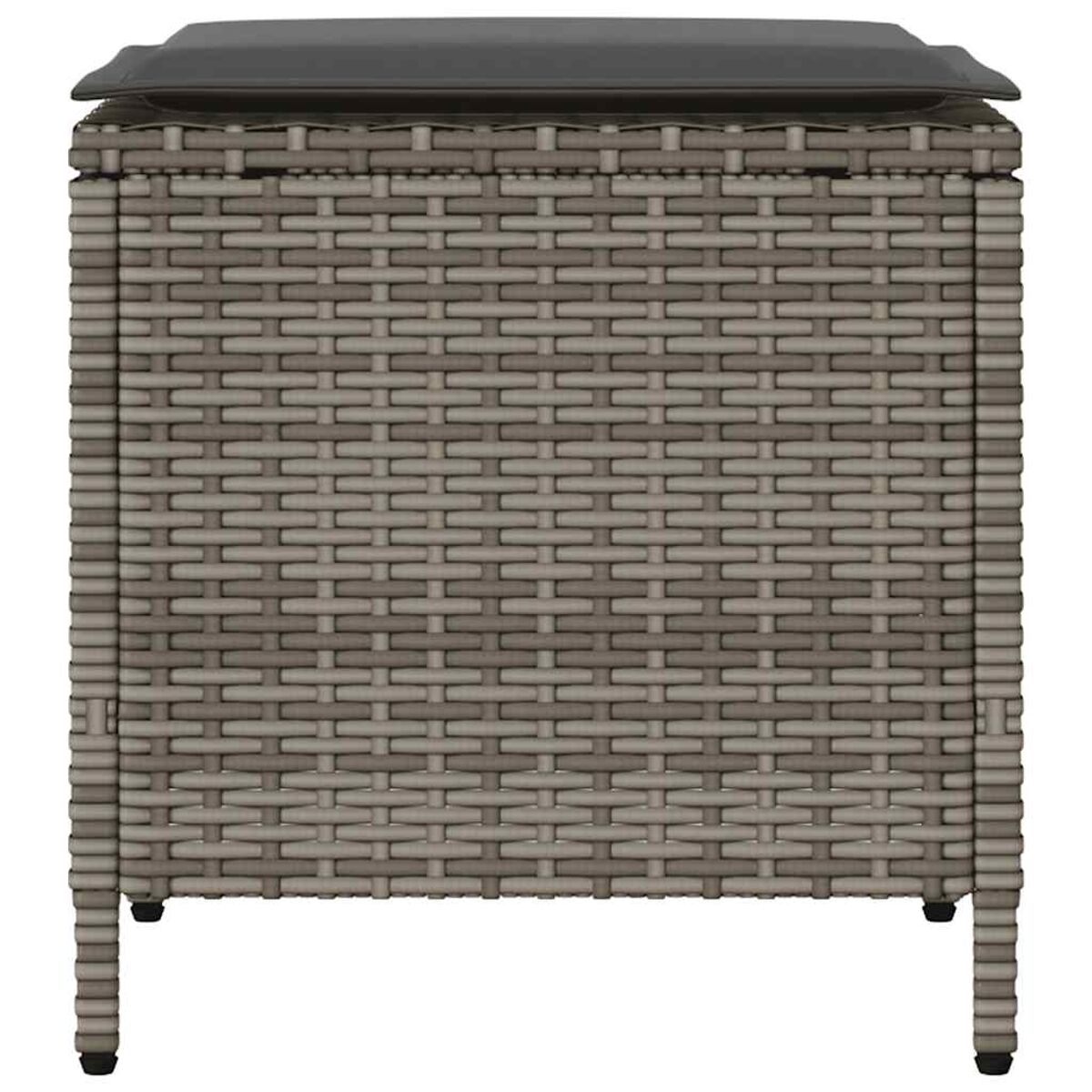 Un primo piano di un contenitore di stoccaggio grigio, tessuto, con un coperchio nero. Ha le gambe.