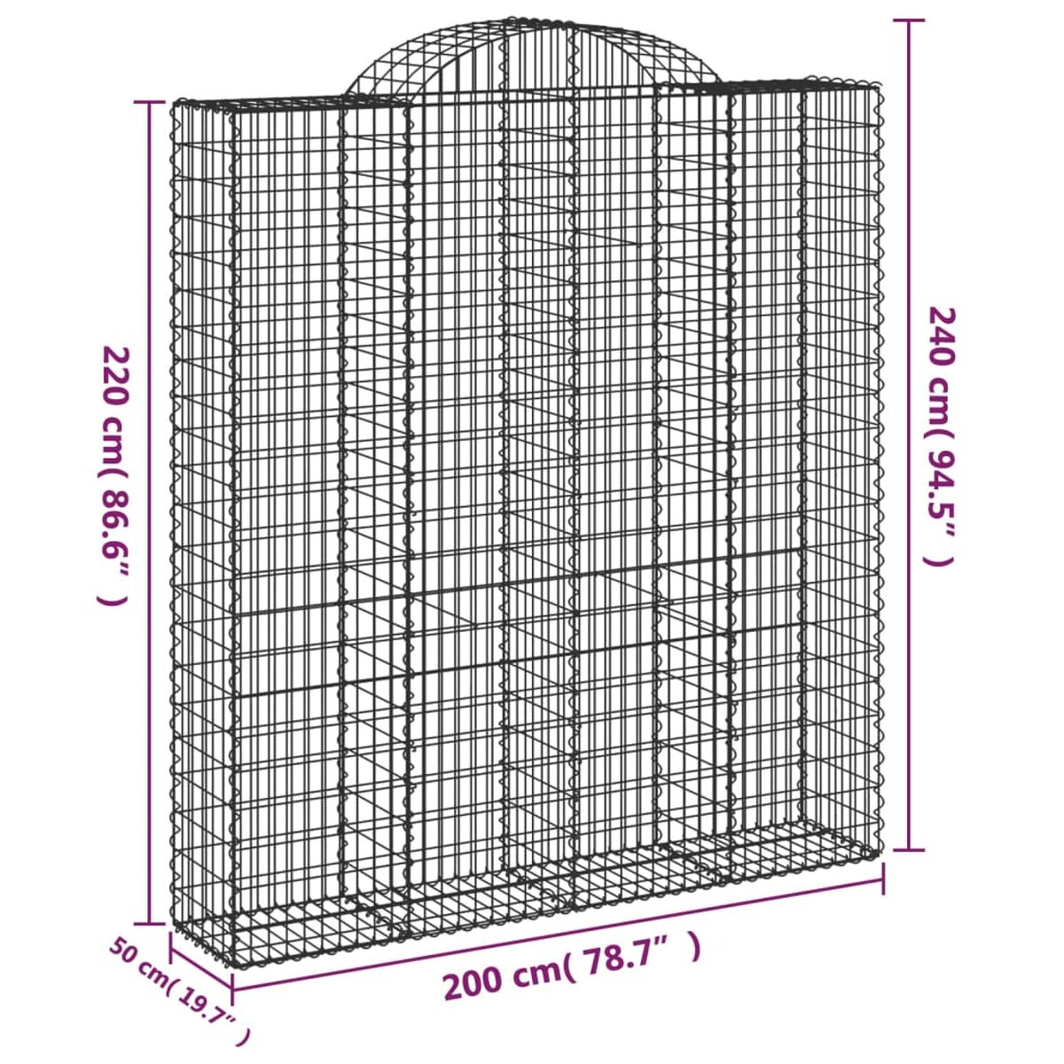 Ein großer, schwarzer Metall-Gabionenkorb, mit Abmessungen in Zentimetern und Zoll gekennzeichnet.