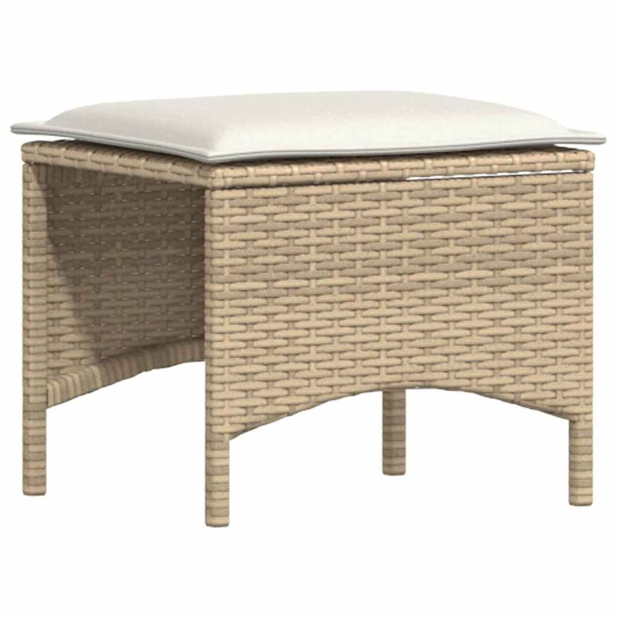 Un pouf in vimini con un cuscino bianco sopra, visto da una prospettiva angolata. Tonalità beige.