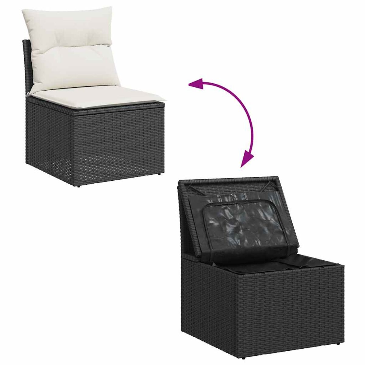 Sedia contenitore in rattan con coperchio aperto, mostra l'interno.