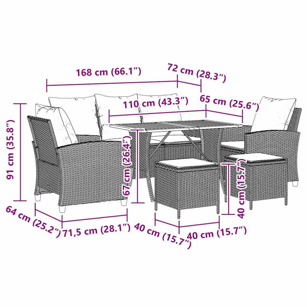 Gartenmöbel-Set mit Tisch, Stühlen und Kissen sowie Abmessungen in cm und Zoll.