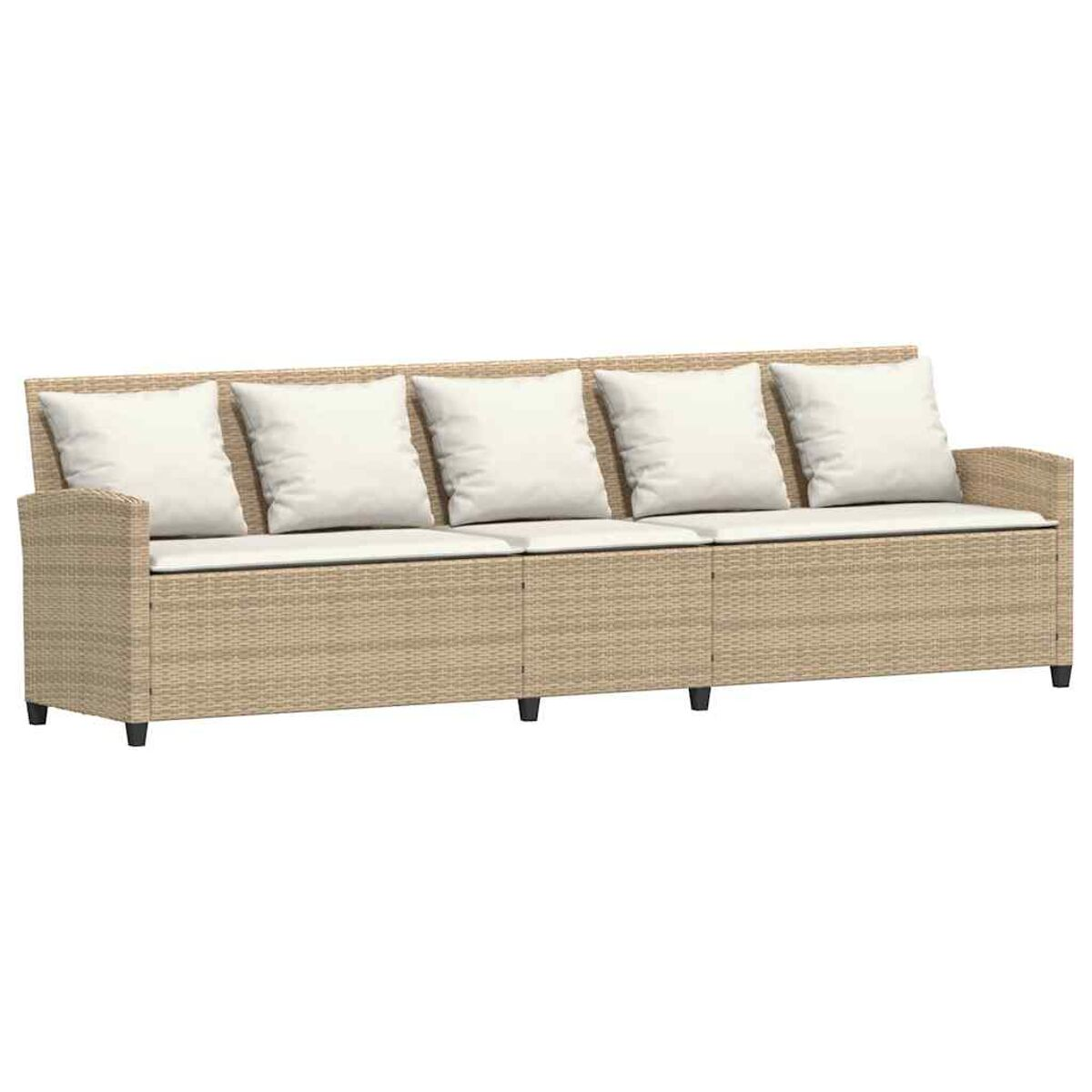 Divano in rattan beige con cuscini bianchi, quattro posti e gambe nere. Un design semplice.