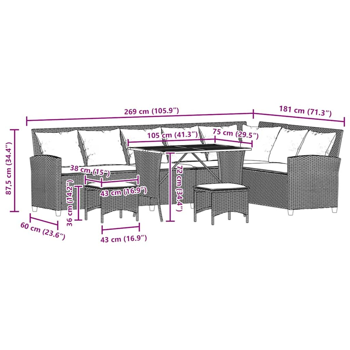 Set di mobili in rattan da esterno con dimensioni etichettate. Include divano, sedie, tavolo e pouf.