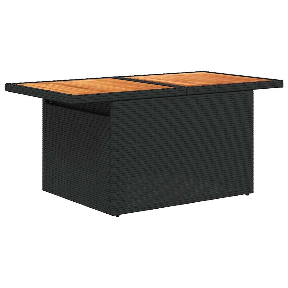 Tavolo da esterno in vimini nero con piano in legno, sfondo bianco.