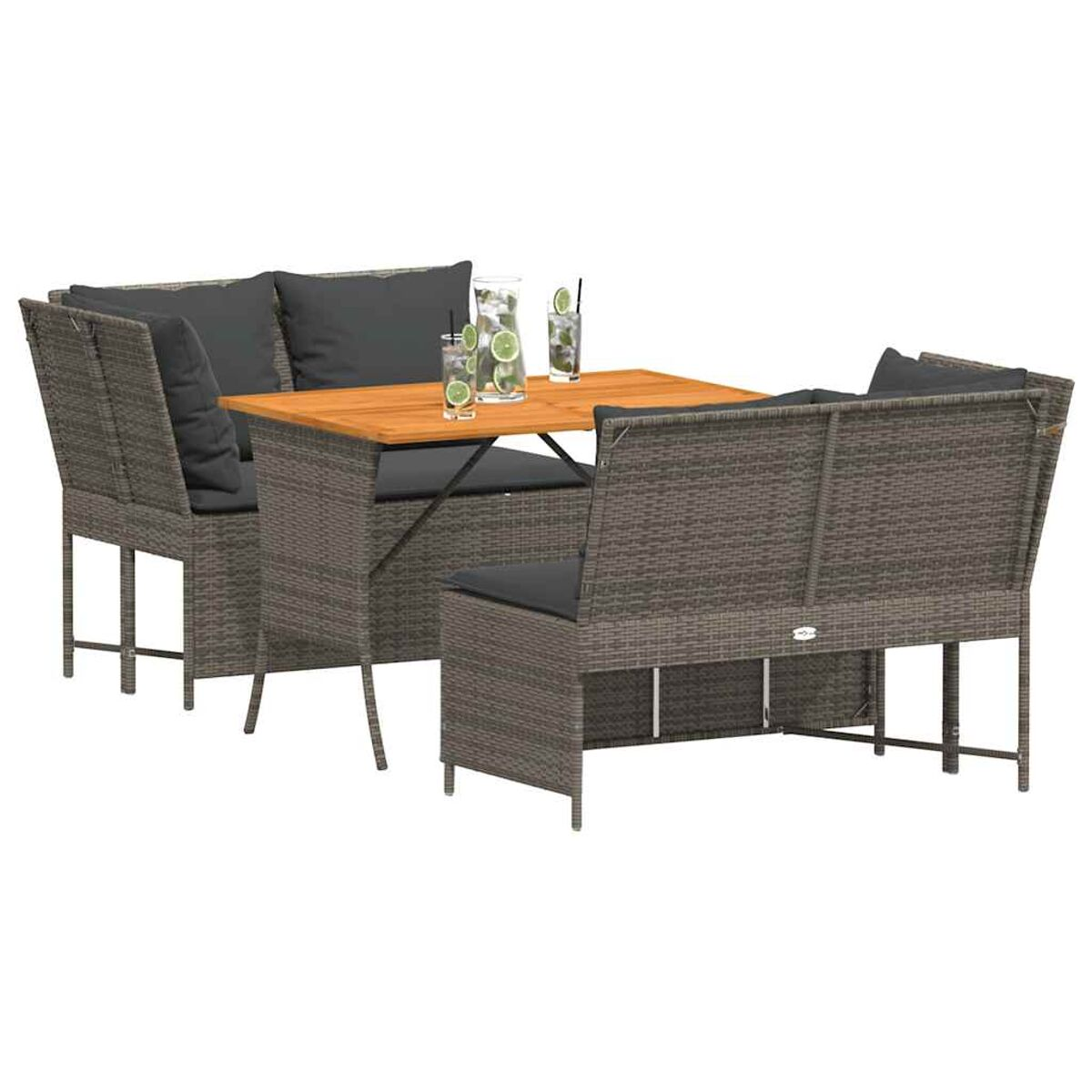 Set da pranzo in rattan per esterni con tavolo e sedute imbottite per sei persone.