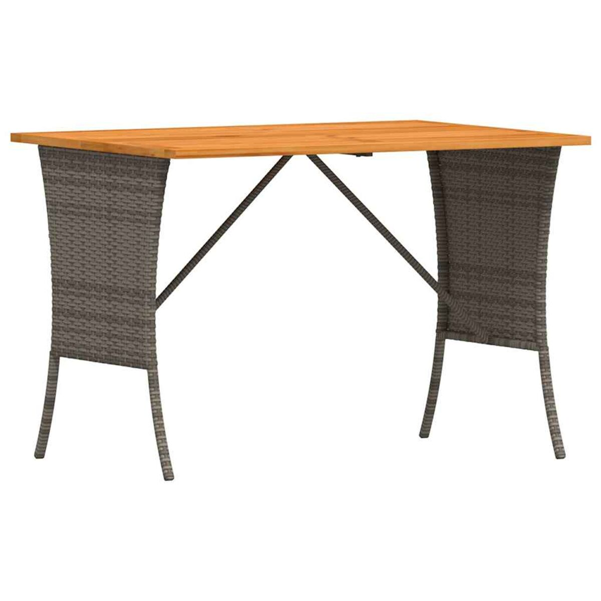 Un tavolo rettangolare da esterno con piano in legno e gambe e struttura grigie intrecciate.