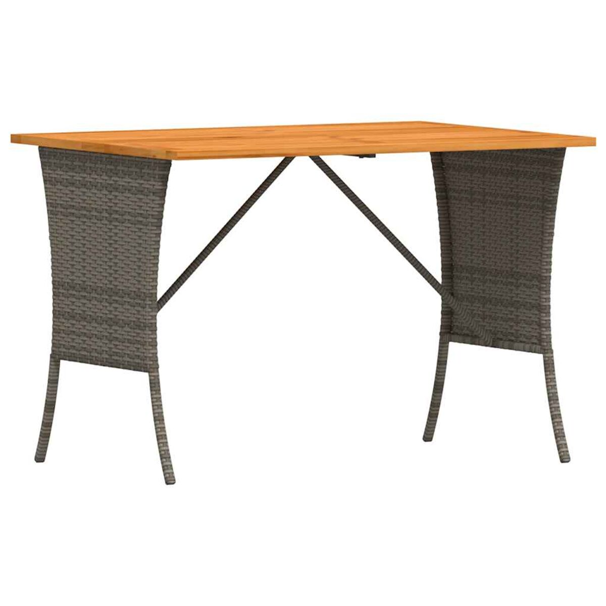 Tavolo da esterno con piano in legno e gambe grigie intrecciate, sfondo bianco.