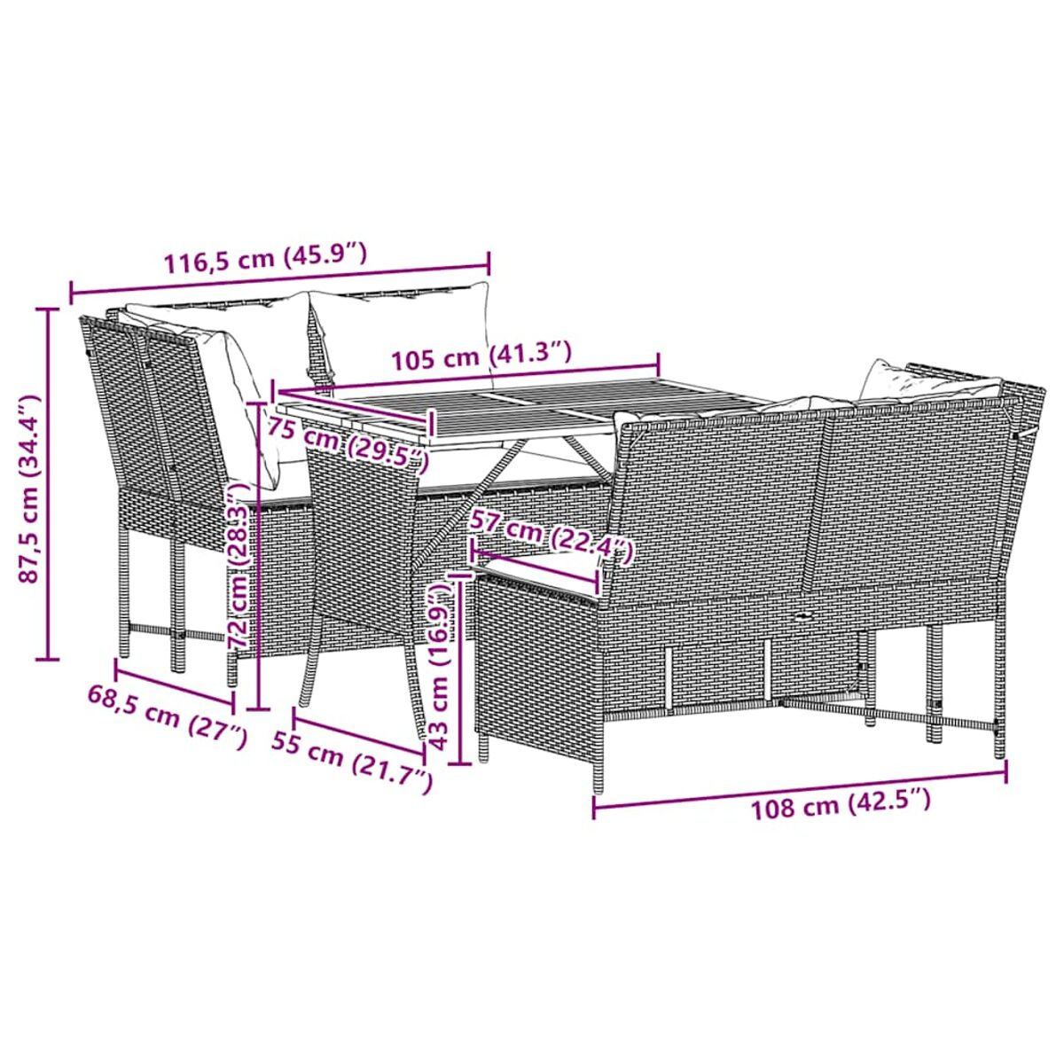 Set di mobili da esterno in vimini con tavolo e sedie. Dimensioni in cm e pollici. Isolato su sfondo bianco.