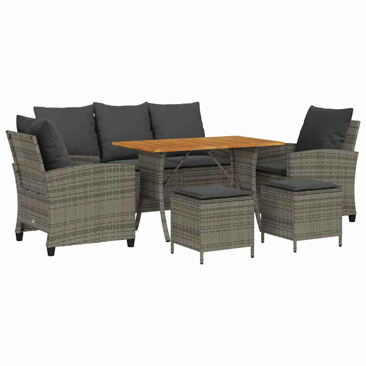Set di mobili da esterno in rattan grigio con tavolo, divano, sedie e pouf, con cuscini.