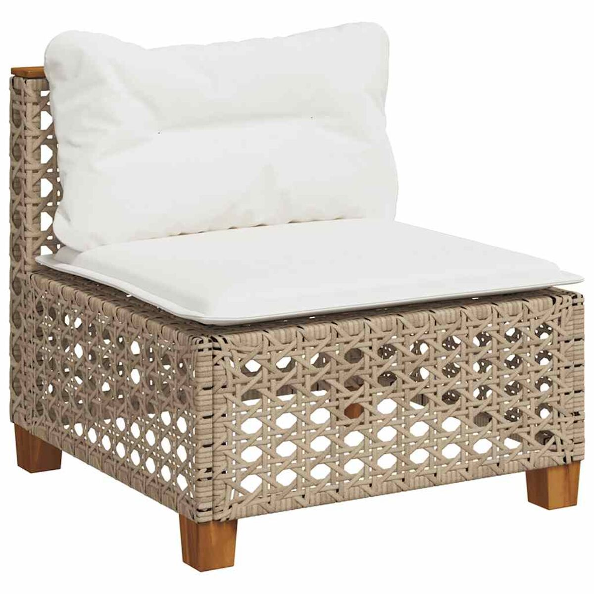 Sedia beige da esterno con cuscino bianco. La sedia ha lati intrecciati e gambe in legno.
