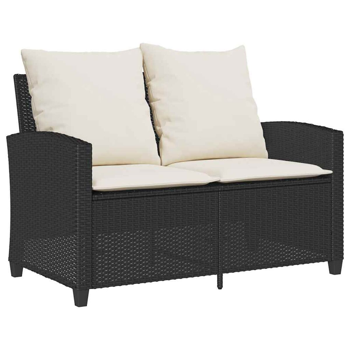Divanetto in vimini nero con cuscini beige sul patio. Sfondo bianco. Giorno soleggiato.