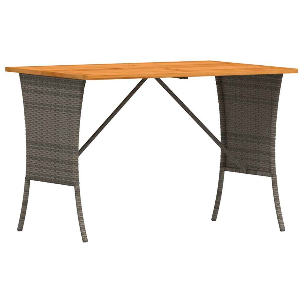 Tavolo da bar esterno con piano in legno e gambe intrecciate grigie. Sfondo bianco.