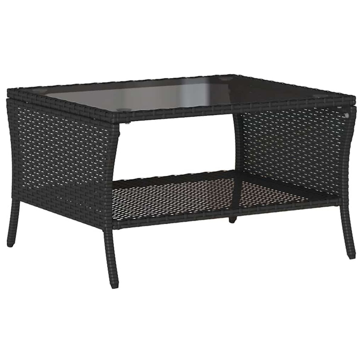 Tavolino nero in vimini con piano in vetro. Il tavolo ha un ripiano sottostante.