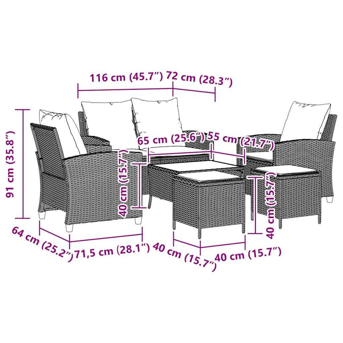 Set di mobili da esterno in rattan con dimensioni. Include un divano, due sedie e un tavolino.