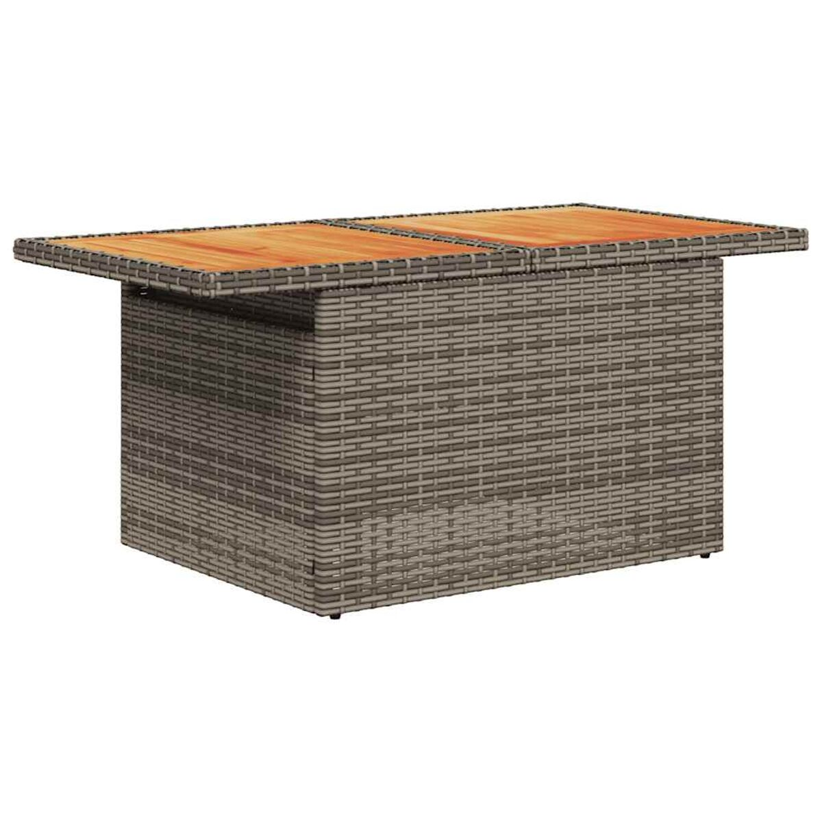 Rechteckiger Couchtisch mit hellgrauen Korbflechtseiten und Holzplatte. Zwei Abschnitte.