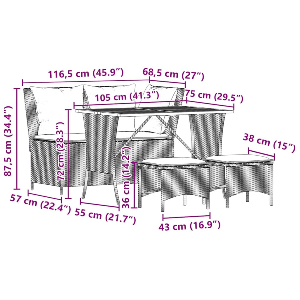 Set di mobili da esterno in vimini con misure. Include un divano, due pouf e un tavolo.