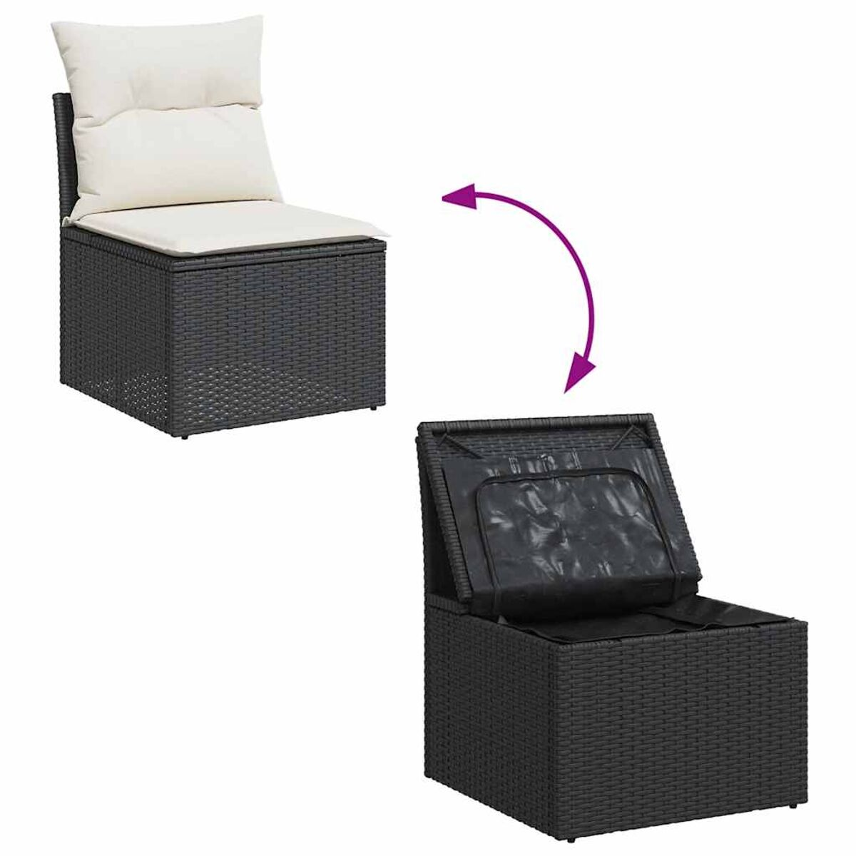 Una sedia contenitore grigio scuro con coperchio aperto e un cuscino scuro all'interno, con una freccia che lo indica.