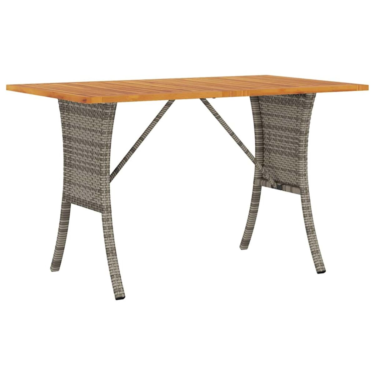 Tavolo rettangolare da esterno con piano in legno e gambe in vimini. Isolato su sfondo bianco.