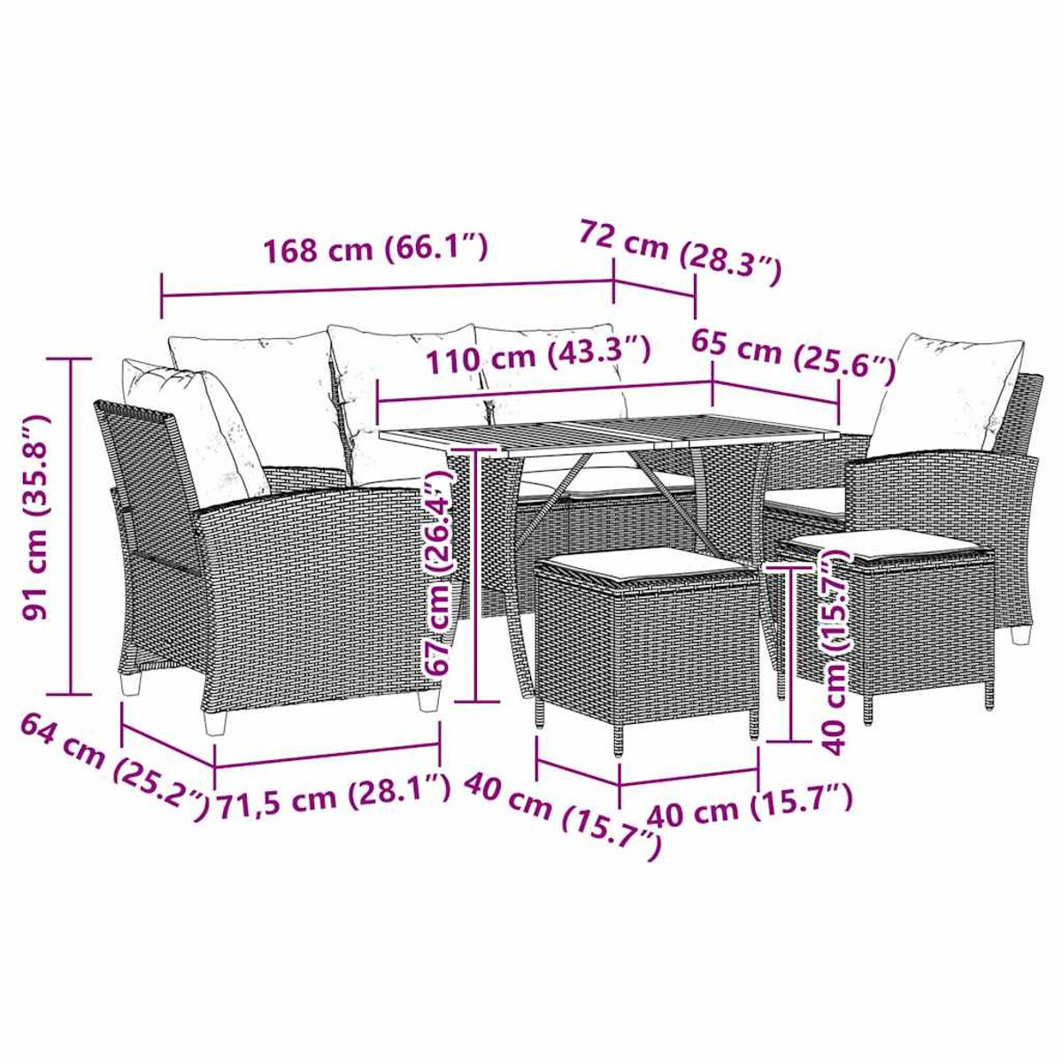 Set di mobili da patio in vimini con dimensioni etichettate. Include divano, tavolo e pouf.