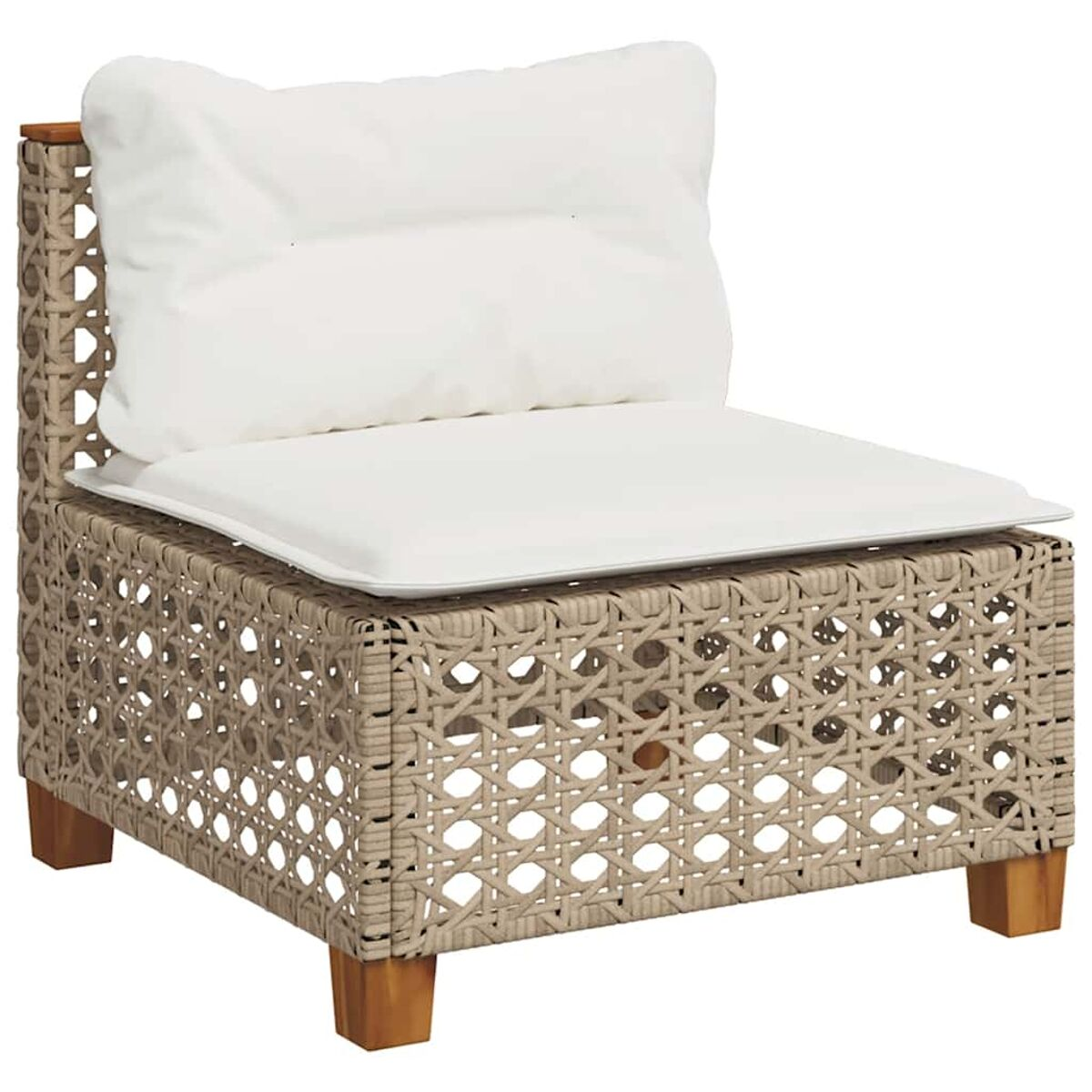 Sedia in rattan con cuscino bianco, gambe in legno e schienale a trama aperta, su sfondo bianco.