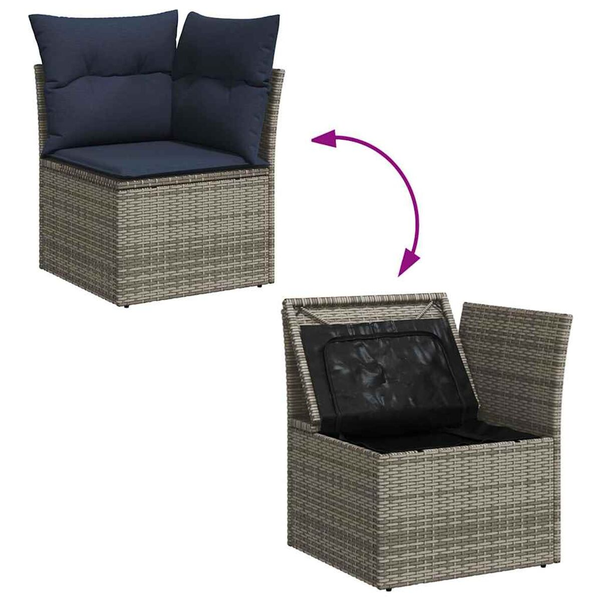 Sedia in vimini grigia con cuscino blu. La sedia si apre per rivelare lo spazio contenitore.