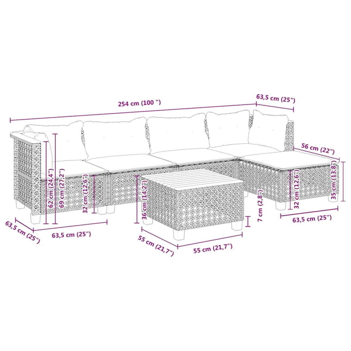 Set divano e tavolo in rattan da esterno con dimensioni in centimetri, su sfondo bianco.