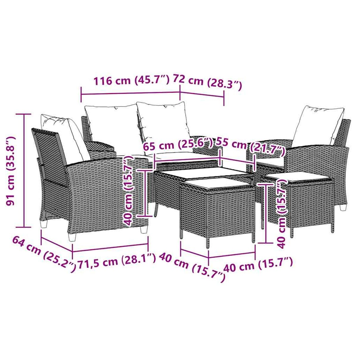 Un set da patio in vimini con dimensioni, tra cui un divano, due sedie e due tavoli quadrati.