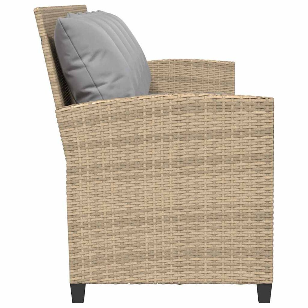 Sedia in vimini con cuscino grigio. Vista laterale con bracciolo e gambe.